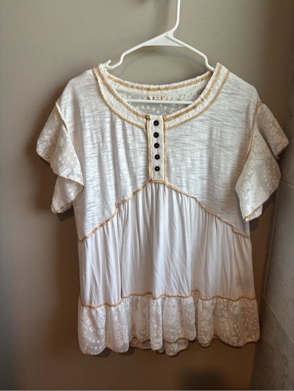 POL White Peasant Top with Gold Trim